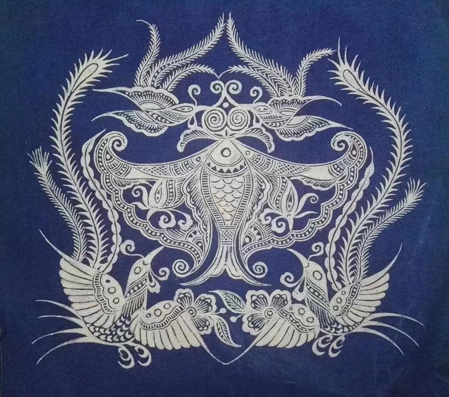 Indigo batik composition with birds and central motif