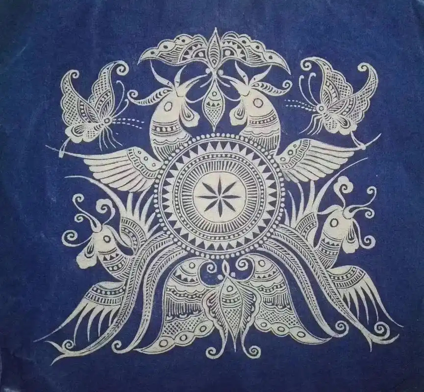 Indigo batik composition with central medallion, birds, and butterflies